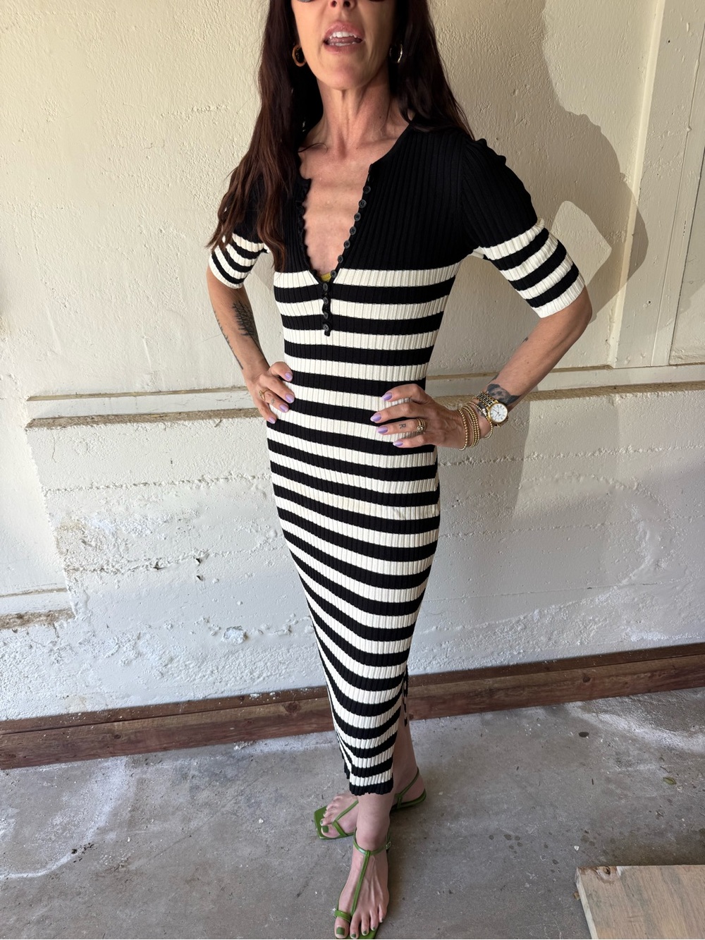 Altazurra Ribbed Black Cream Stripe Henley Midi Knit Dress